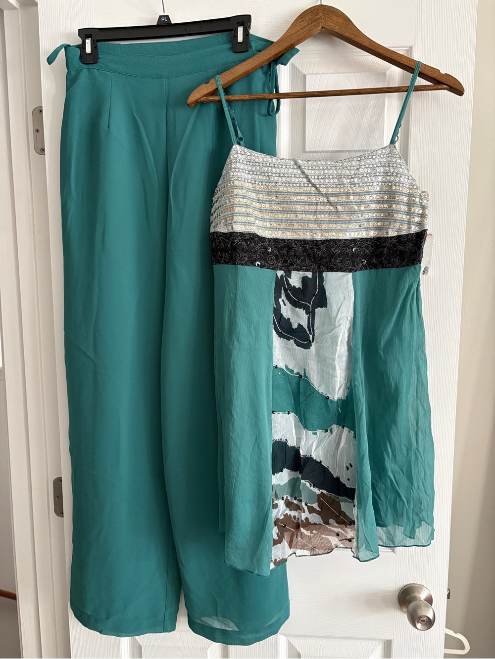 Teal Two-Piece Set with Embellished Printed Top